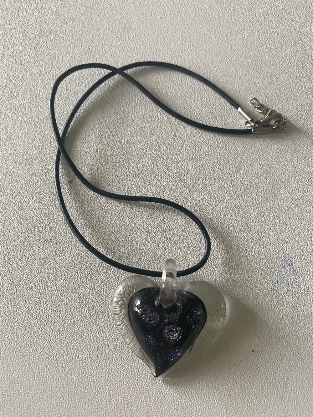 Glass Heart Pendant Necklace in Black with Clear Accent